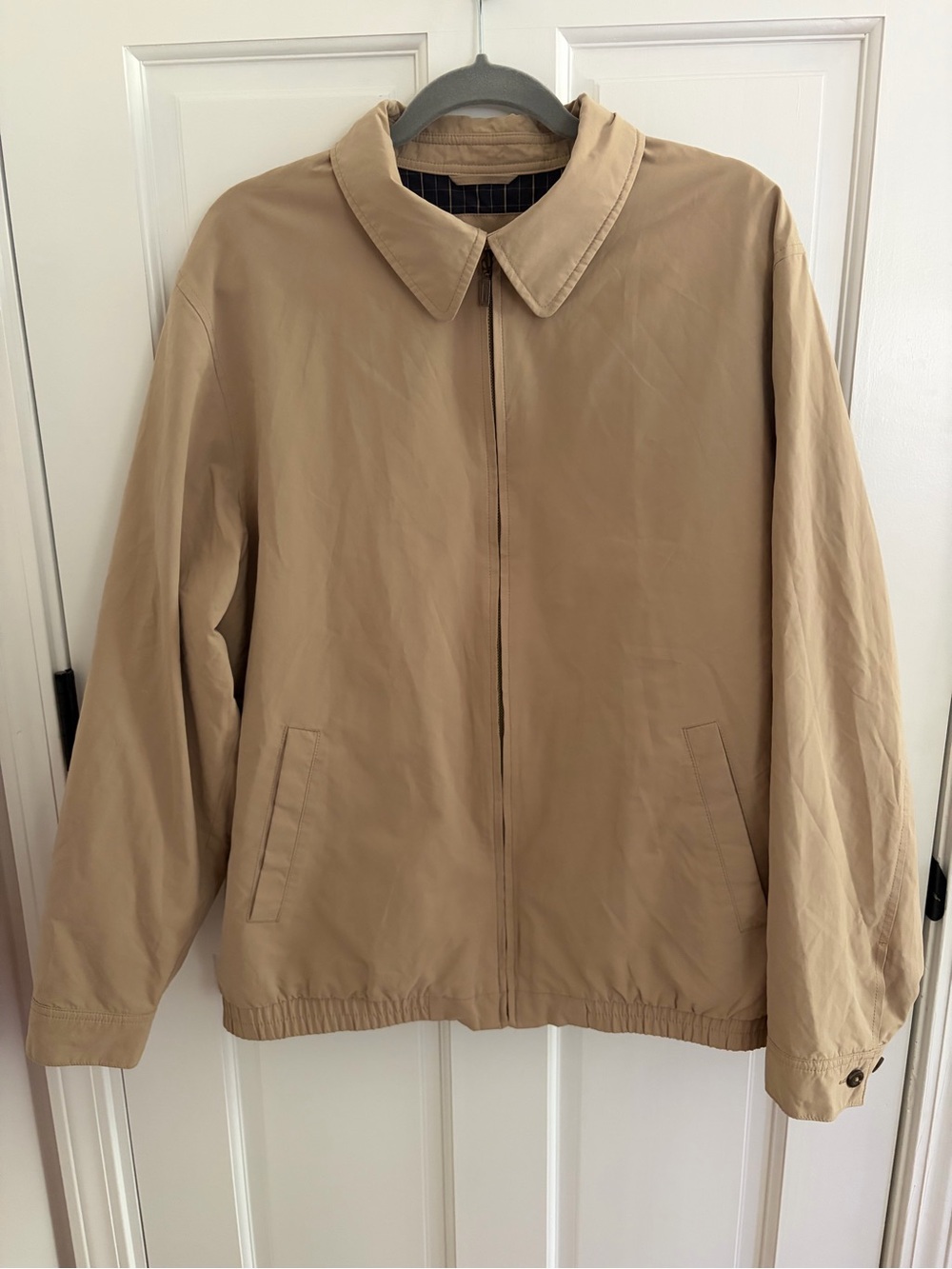 LL BEAN Coat Jacket Men Sz L Tan Khaki Plaid REG OHYM7 Zip Golf Preppy Soft NICE
